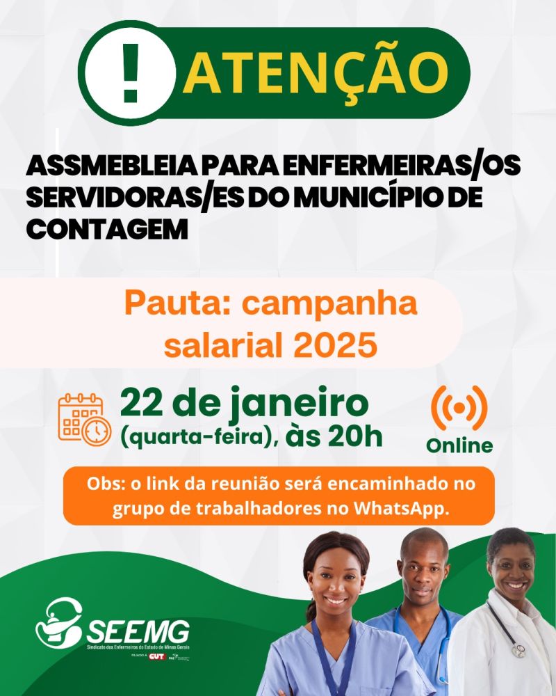 Convocação de assembleia para enfermeiras/os servidoras/es municipais de Contagem
