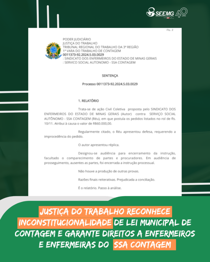 Justiça do Trabalho reconhece inconstitucionalidade de lei municipal de Contagem e garante direitos a enfermeiros e enfermeiras do SSA Contagem