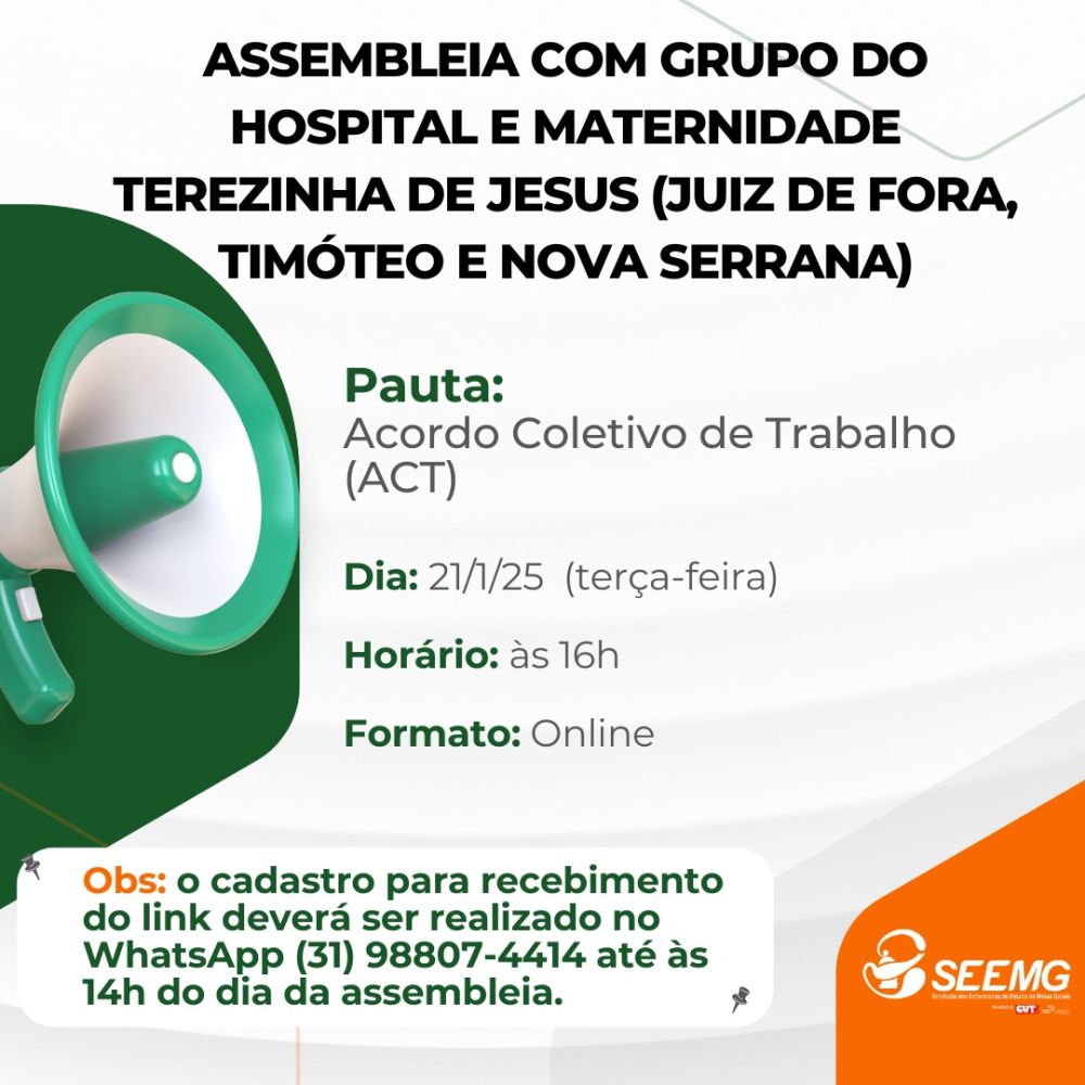 Convocação de Assembleia para enfermeiras/os do grupo do Hospital e Maternidade Terezinha de Jesus