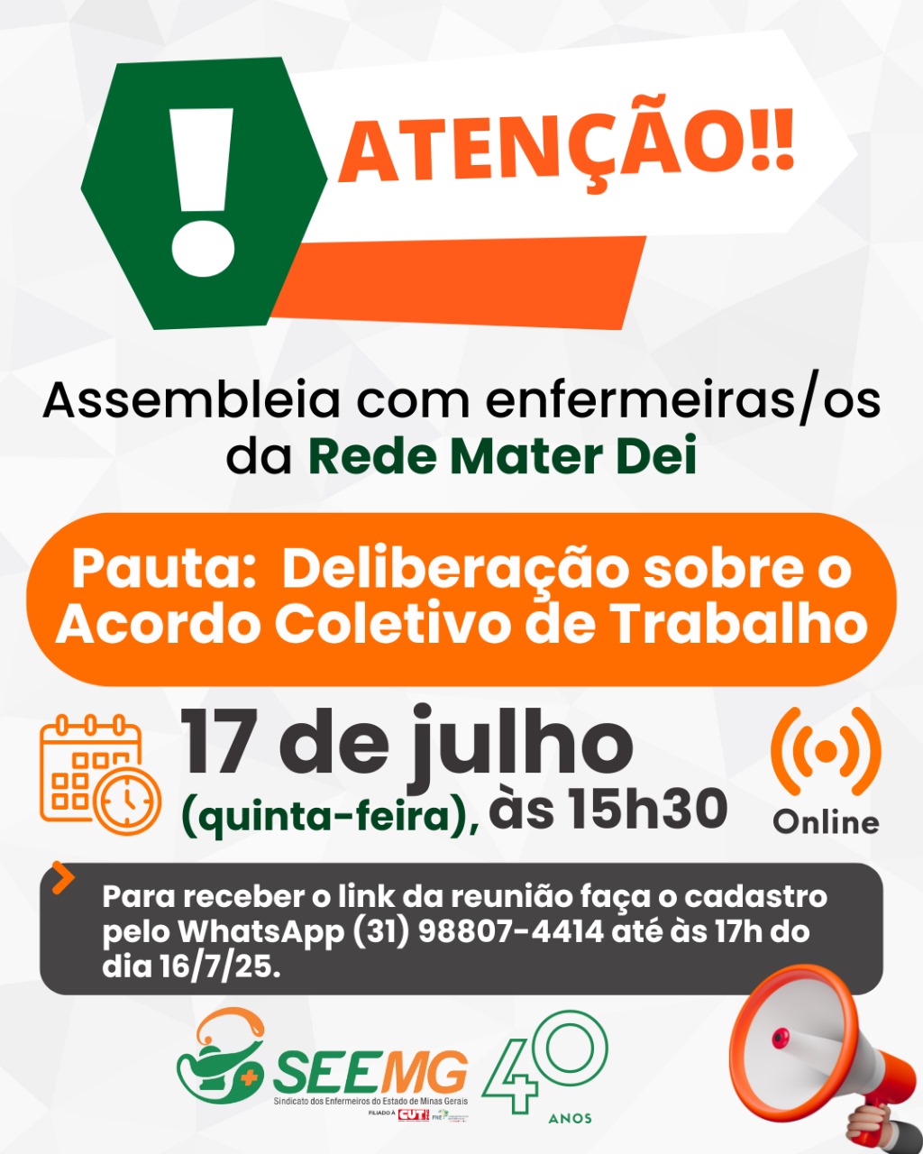 Convocação para enfermeiras/os da Rede Mater Dei